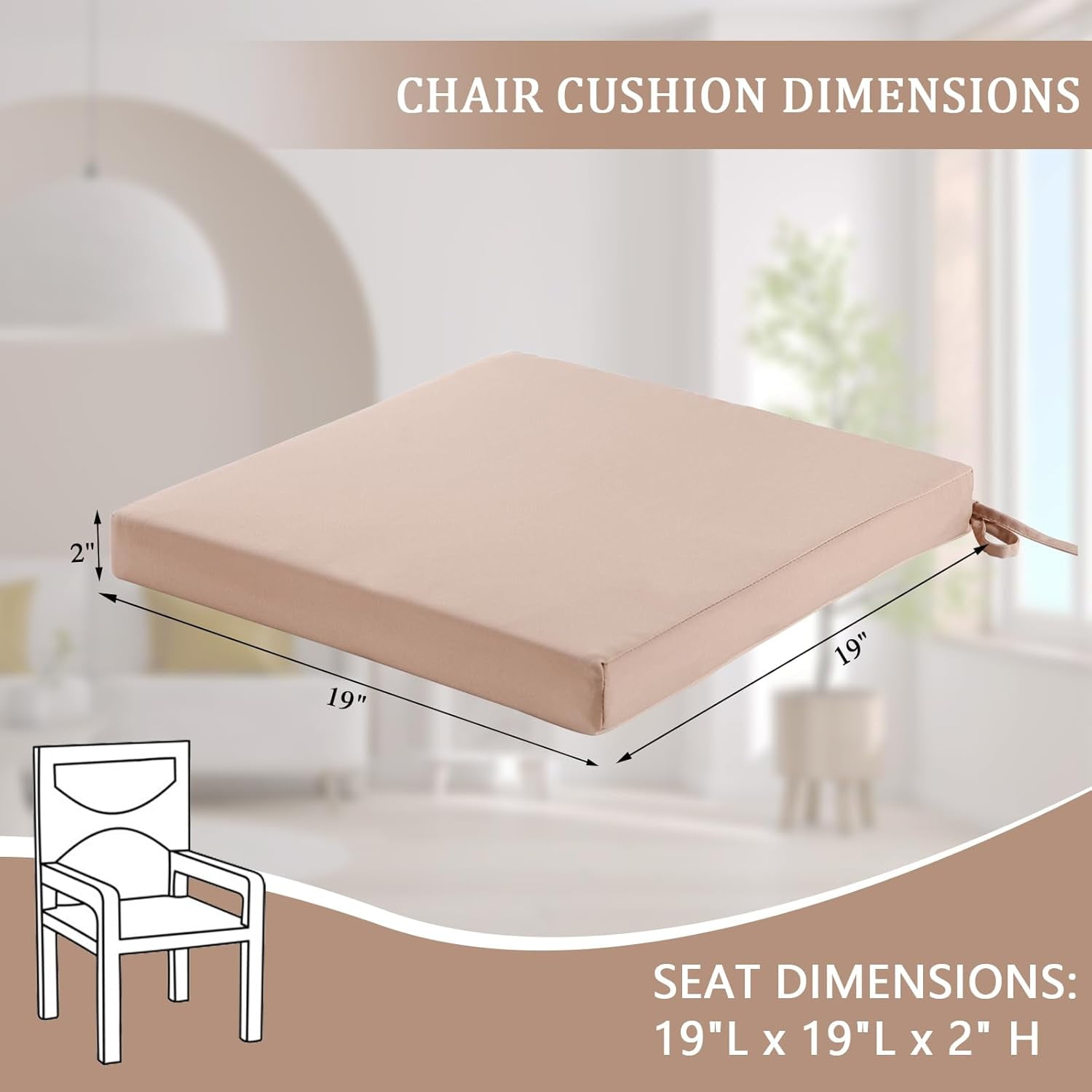 Patio Chair Cushions Set of 4, Outdoor Seat Cushions for Patio Furniture 19 x 19 Inch, Indoor Square Corner Dining Chair Pads Set with Ties and Inner Dust Cover, (Beige)
