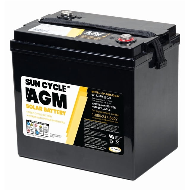 Go Power Battery GP-AGM-224-6V Sun Cycle; For PV Solar And Inverters; 6 Volt; 224 Amp; Absorbent Glass Mat AGM Deep Cycle Technology; Top Terminals; Built-In Carry Handles