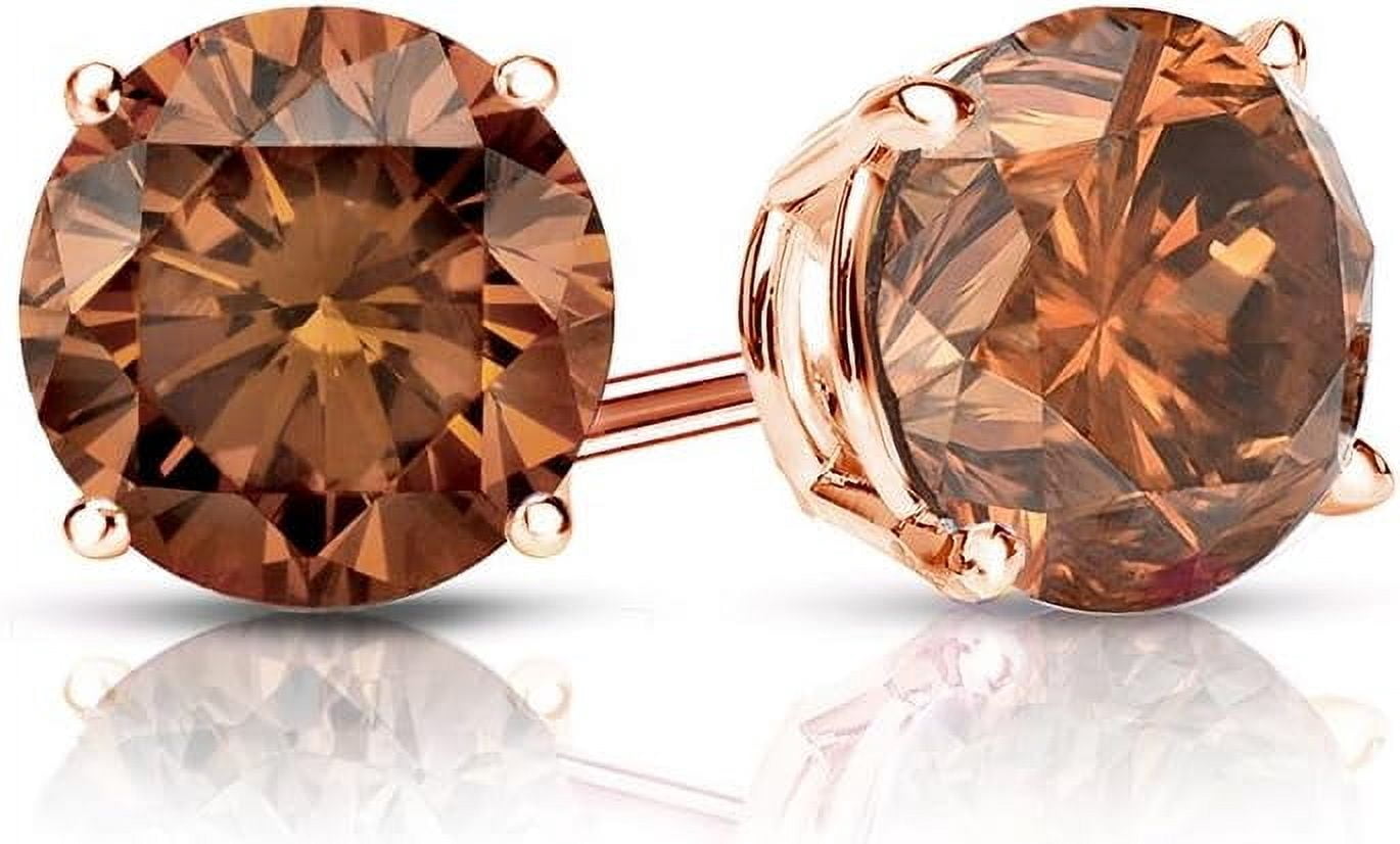 Divine Creation 2 Ct Round Cut Brown Diamond 4 Prong Push Back Womens Stud Earring 14K Rose Gold Plated 925 Sterling Silver