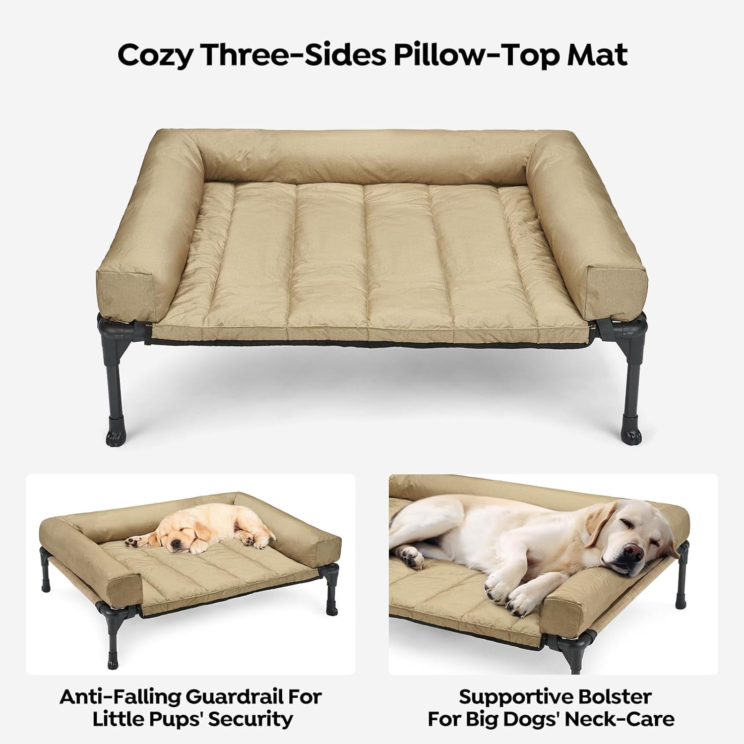 Cooling Elevated Dog Bed + Waterproof Removable Pillow-Top Mat, Bolster Dog Cot Bed, Raised Pet Cot with Breathable Mesh, No-Slip Feet, Dog Couch Bed for Indoor & Outdoor, Large, Beige