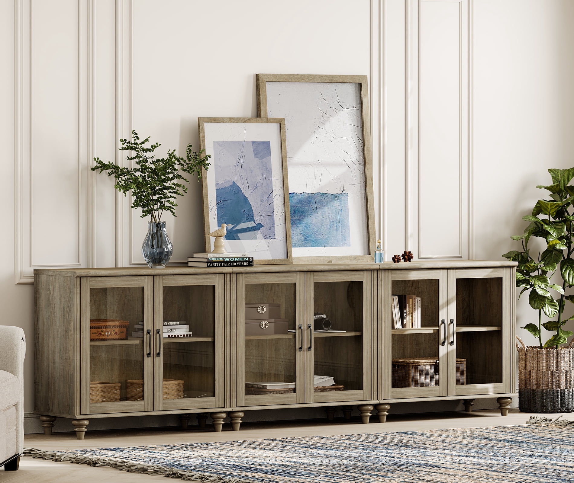 Farmhouse Style 100 inch TV Stand, Console Table with 6 Glass Doors for Living Room or Bedroom, Wash Gray, All Dimension: 101.6"×15.7"×30.9"(L×W×H)