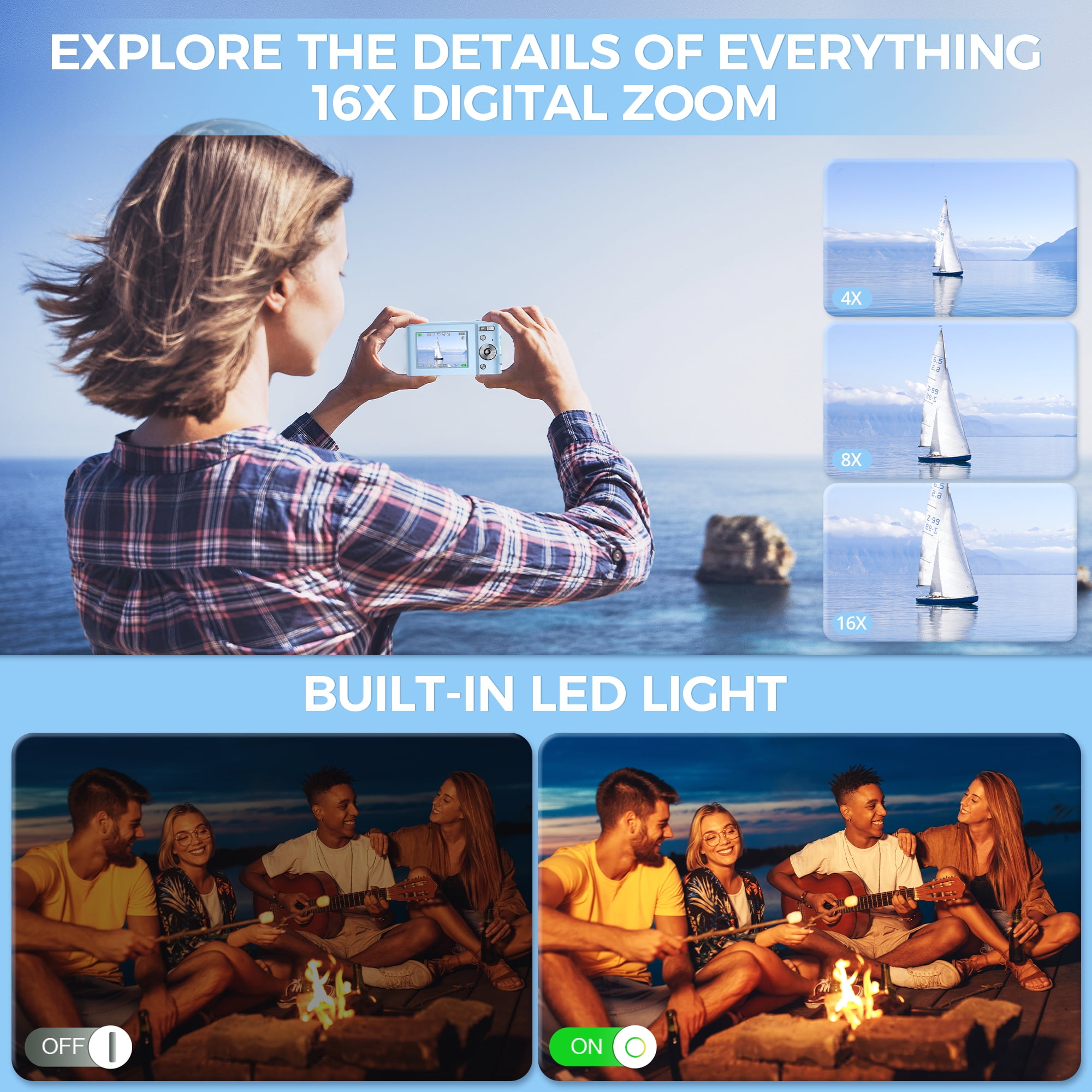 Digital Camera for Beginners with 32GB TF Card, 48MP FHD 1080P Video, Autofocus, 16X Zoom, Compact Pocket Camera for Vlogging & Webcam, Ideal for Boys and Girls (Blue)