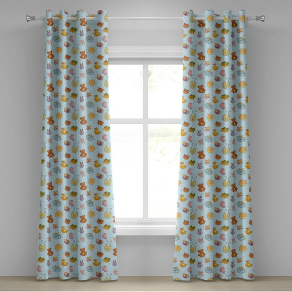Ambesonne Cartoon Grommet Curtain, Sun Ribbon Teddy Bear Art, 50" x 108", Pale Blue Cinnamon