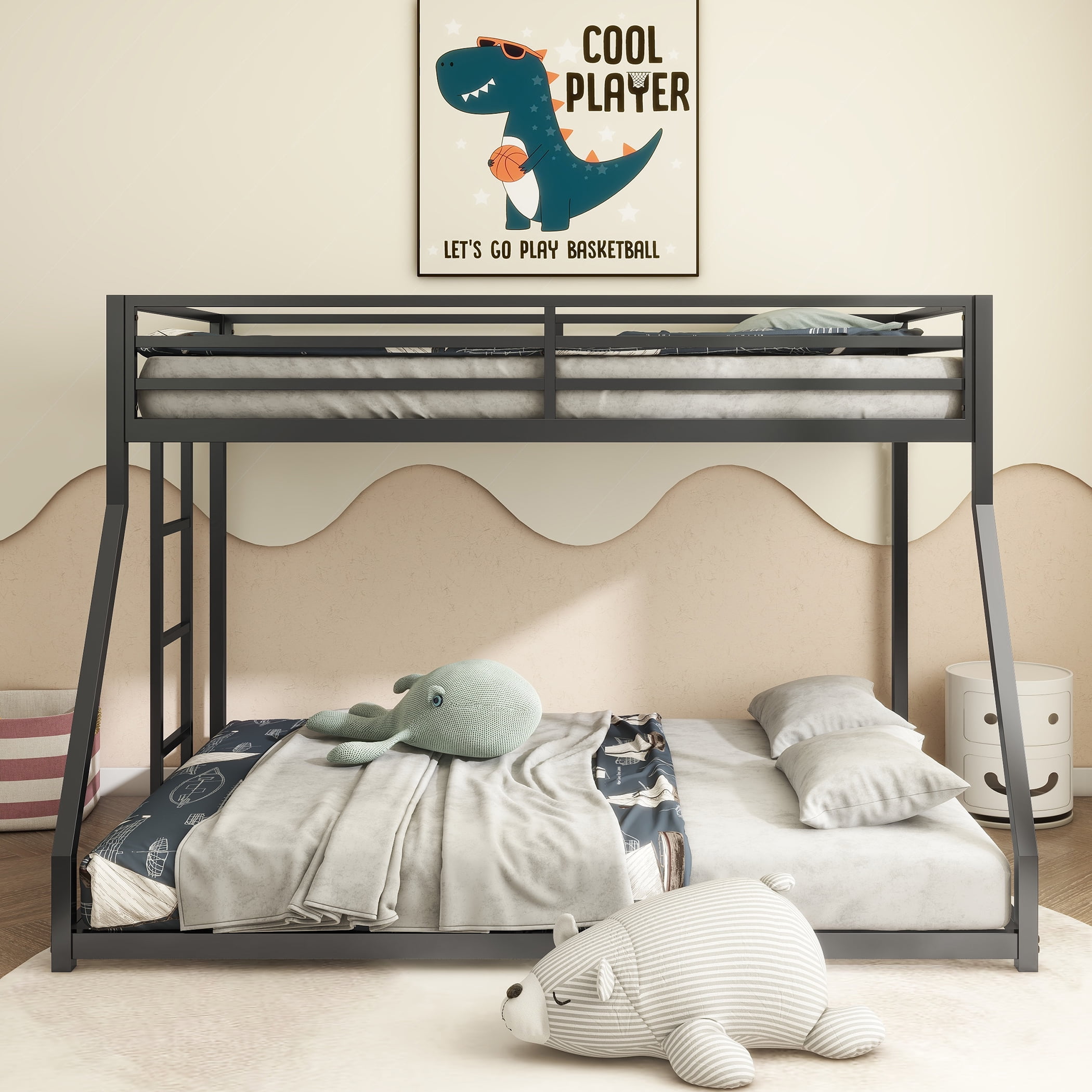 Adam Sturdy Twin over Full Bunk Bed Metal Black for Kids and Adult, Low Profile Twin over Full Bunk Bed with Ladder and Guardrails, Easy Climbing, Beds for Bedroom