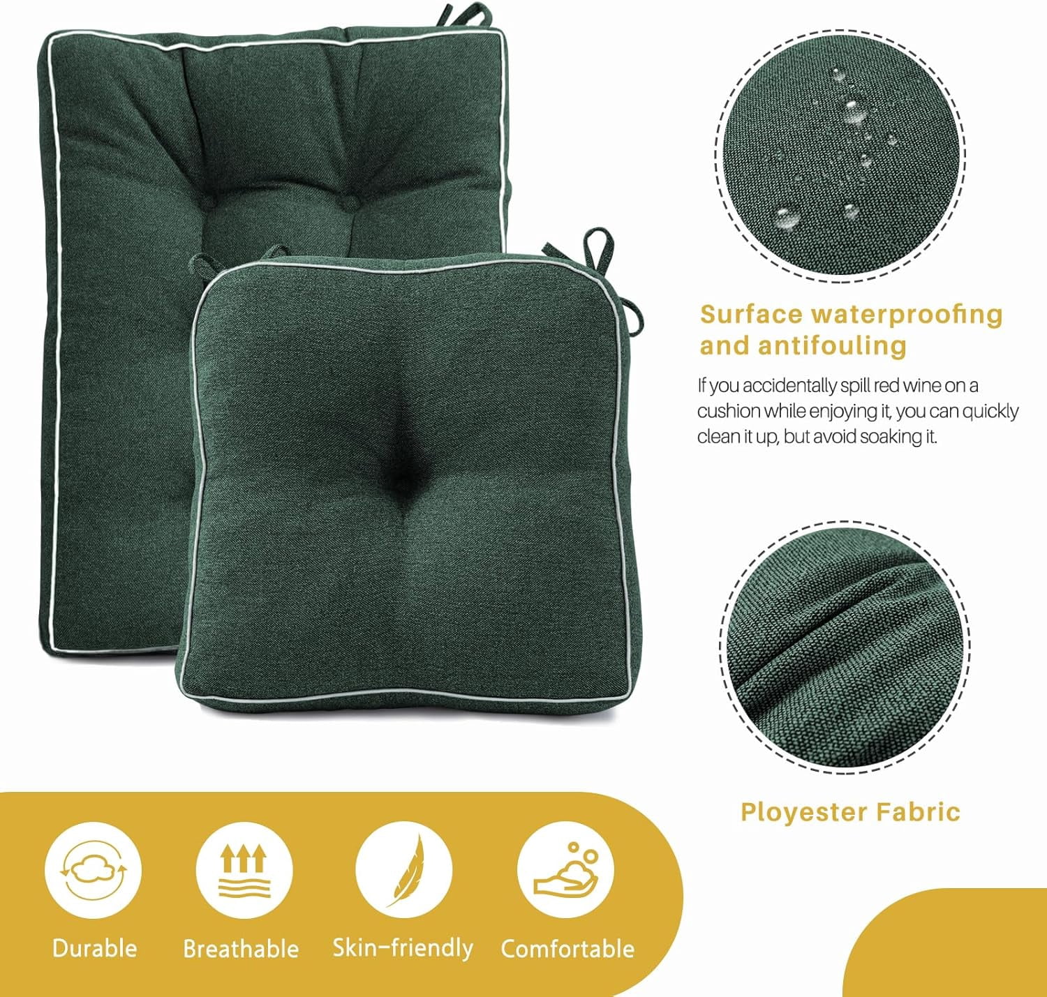 Parojati 22*17*5 Rocking Chair Cushion, Set of Thicken Seat & Back Chair Cushions with Memory Foam, Non-Slip Chair Pad with Ties for Indoor&Outdoor Rocker Dark Green