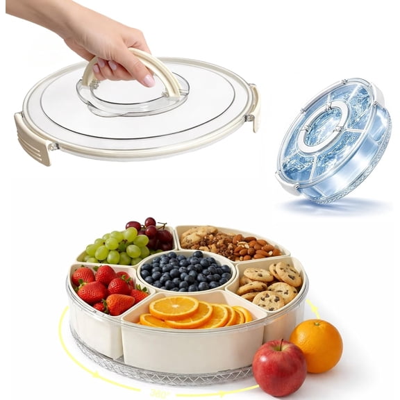 Vegetable Serving Tray with Lid and Handle, 12-Inch Rotating Fruit Tray with 5 Divided Sections & Center Bowl, Round Veggie Tray Container for Family Snacks, Parties & Movie Nights