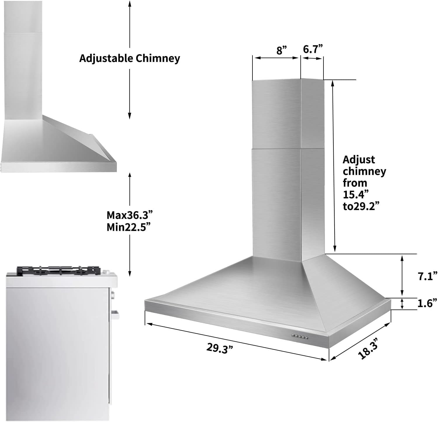 30 inch Wall Mount Range Hood 450 CFM with Ducted/Ductless Convertible Duct Stainless Steel Chimney-Style Over Stove Vent Hood with LED Light 3 Speed Exhaust Fan Black Hood Vents for Kitchen