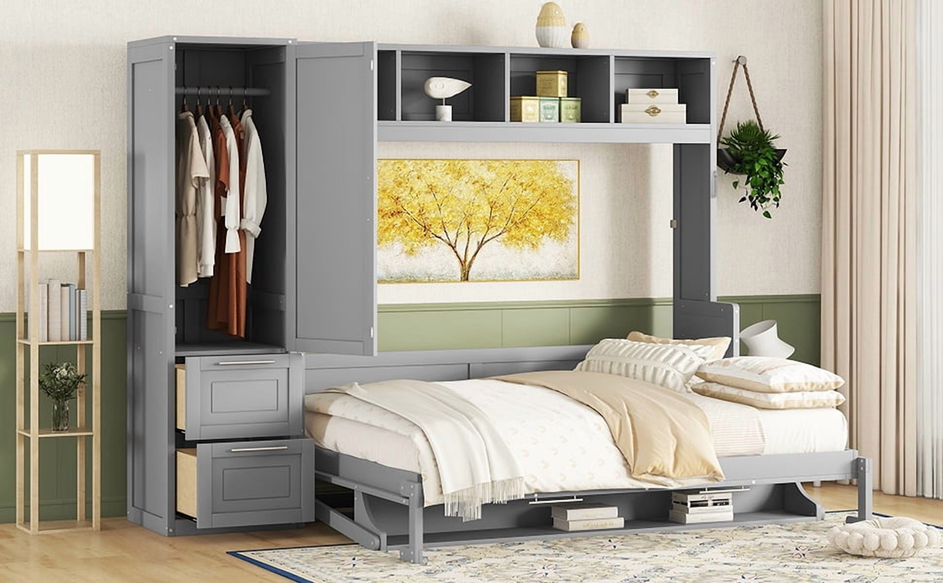 Mintazer Queen Size Murphy Bed with Top Shelf & Wardrobe, Modern Foldable Wall Bed with Drawers for Bedroom Apartment Guest Room, Gray