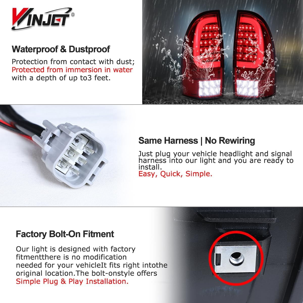 Winjet LED Tail Light Assembly Fit For 2005-2015 Toyota Tacoma,Full Led Taillight Replacement w/Red Sequential Turn Signal/Running/Brake/Reverse Light (Black Housing Red Lens)