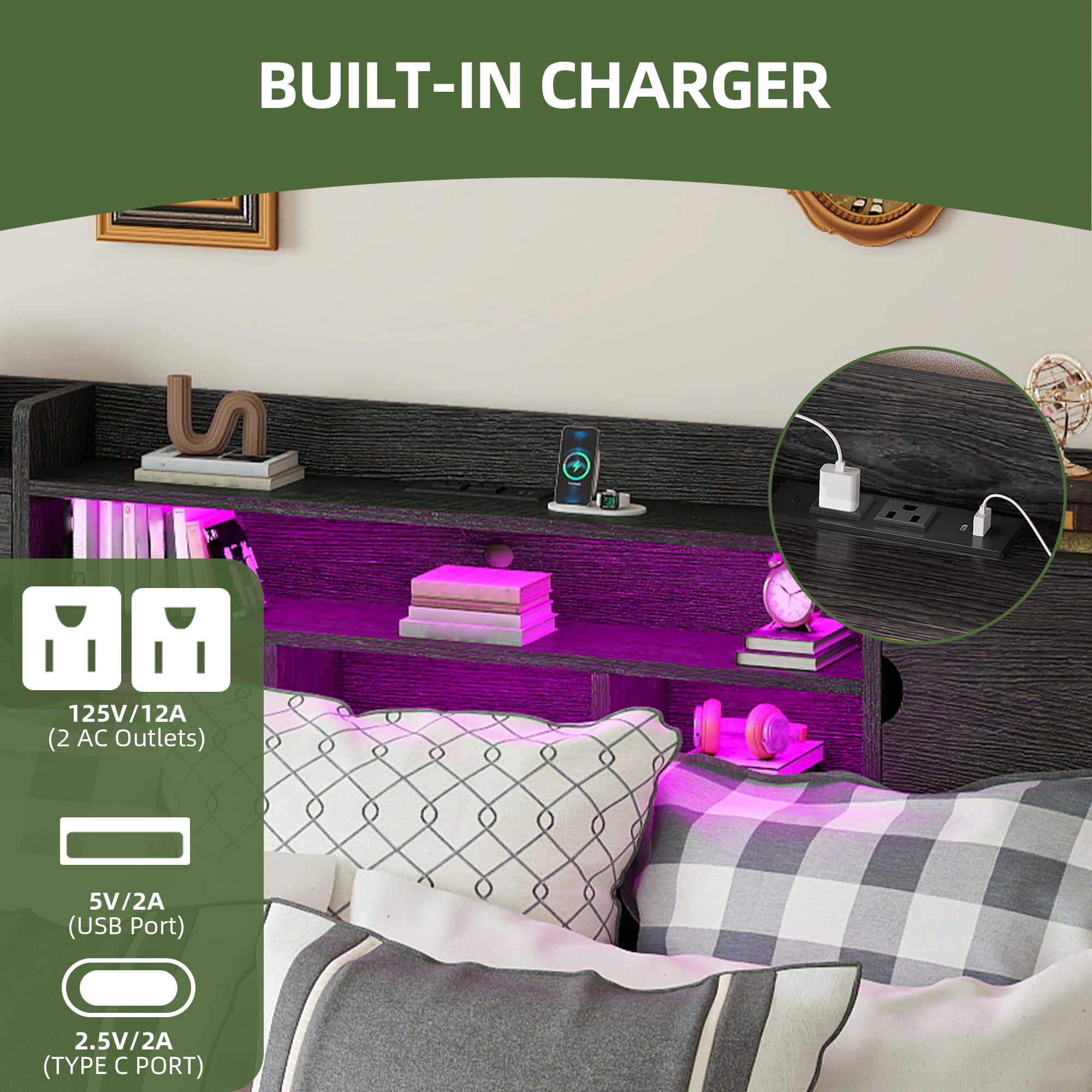 Uforic Queen Size Velvet Upholstered Platform Bed Frame with RGB Ambient LED Light, Built-In Charging Station, 4 Underbed Drawers, No Box Spring Required, Gray