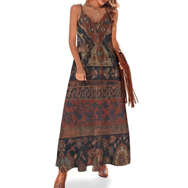 Vestido sin mangas con estampado de alfombra adornada, estilo boho chic oscuro III, del siglo XVII, con medallón colorido, rojo, azul, verde y marrón