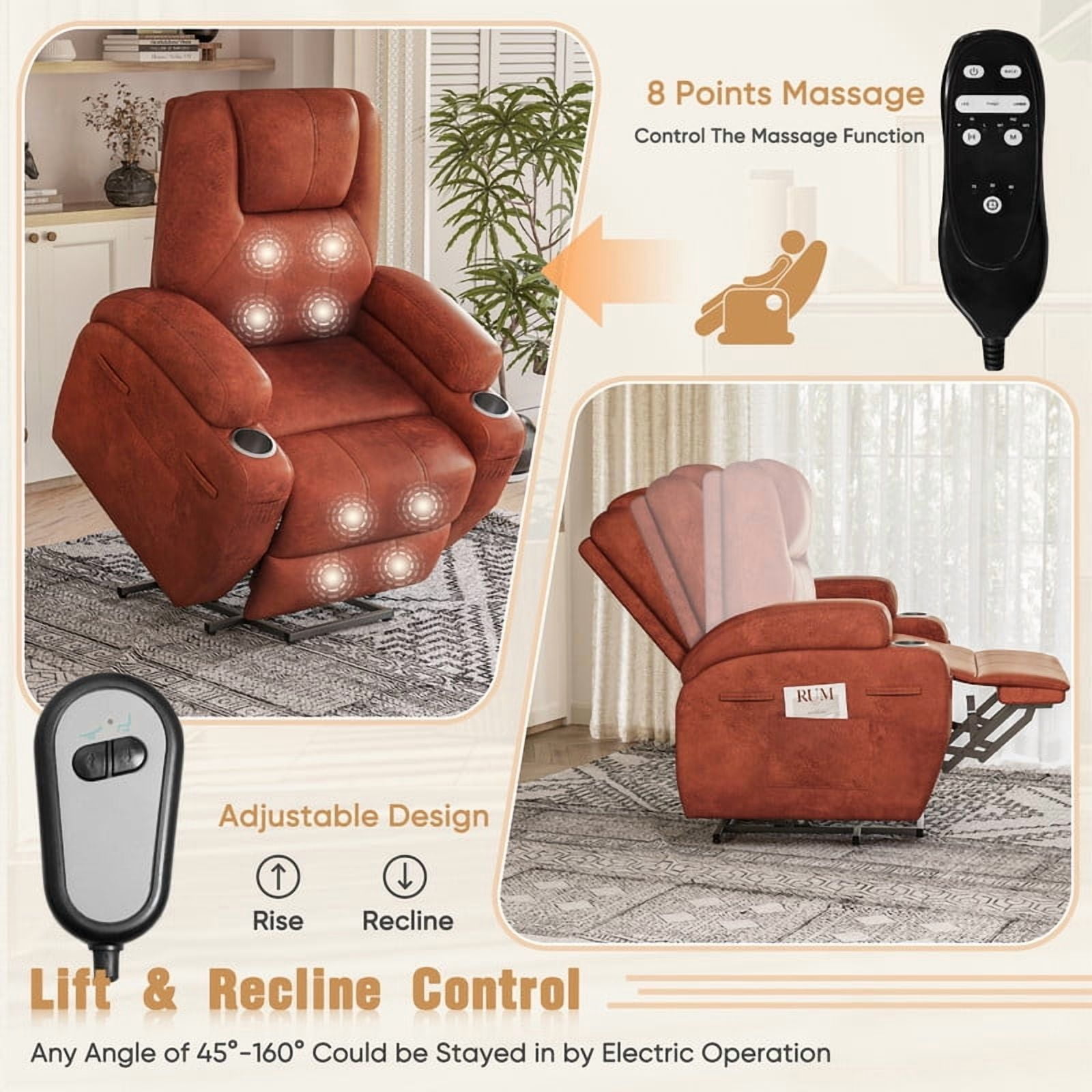 Homall Power Lift Recliner Chair Massage Designed Leathaire Fabric Single Sofa Specifically for Nursing,Brown