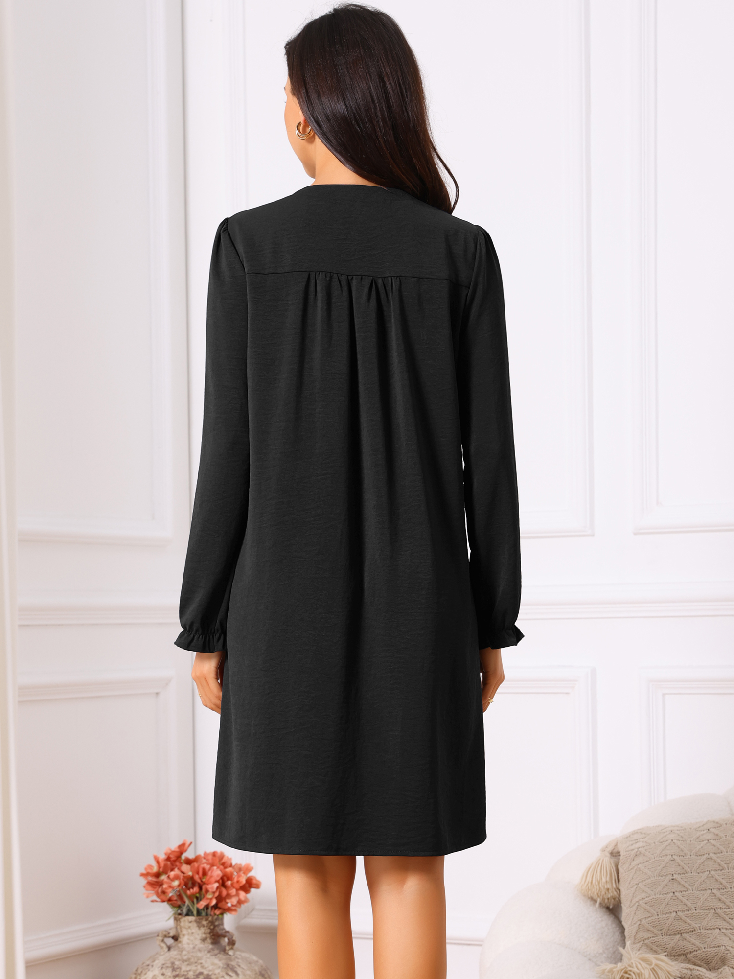 DARING DIVA Women's Casual Knee Length V Neck Pleated Flowy Shirt Dress XL Black