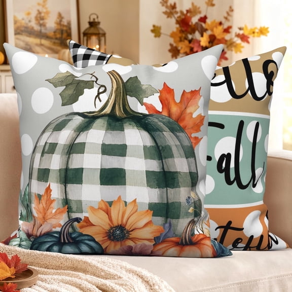 Fall Plaid Pumpkin Pillow Covers 18x18 Set of 2 Double-Sided Hello Fall Grateful Farmhouse Throw Pillow Cases Thanksgiving Decor