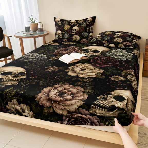 Cal.King Size Fitted Sheet Set - Skull Halloween 3 Piece Bedding Sets 16" Deep Pocket Fitted Sheet with 2 Pillowcases, Floral Botanical Horror Roses Brushed Microfiber Hotel Luxury Bed Sheets