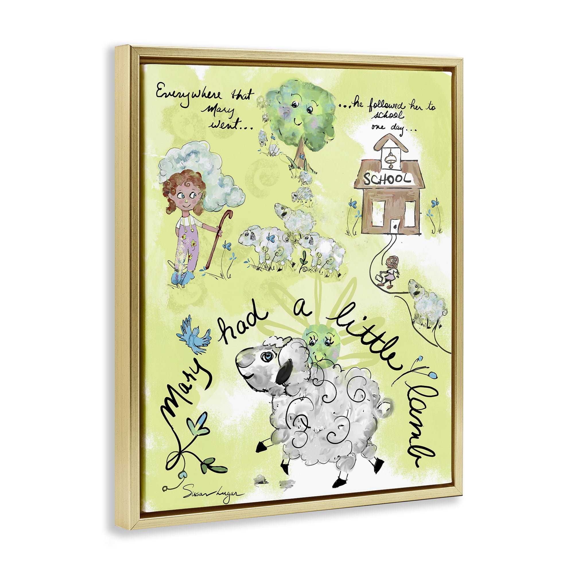 Stupell Industries Little Lamb Nursery Rhyme Gold Framed Floater Canvas Wall Art, design by Susan Lugar