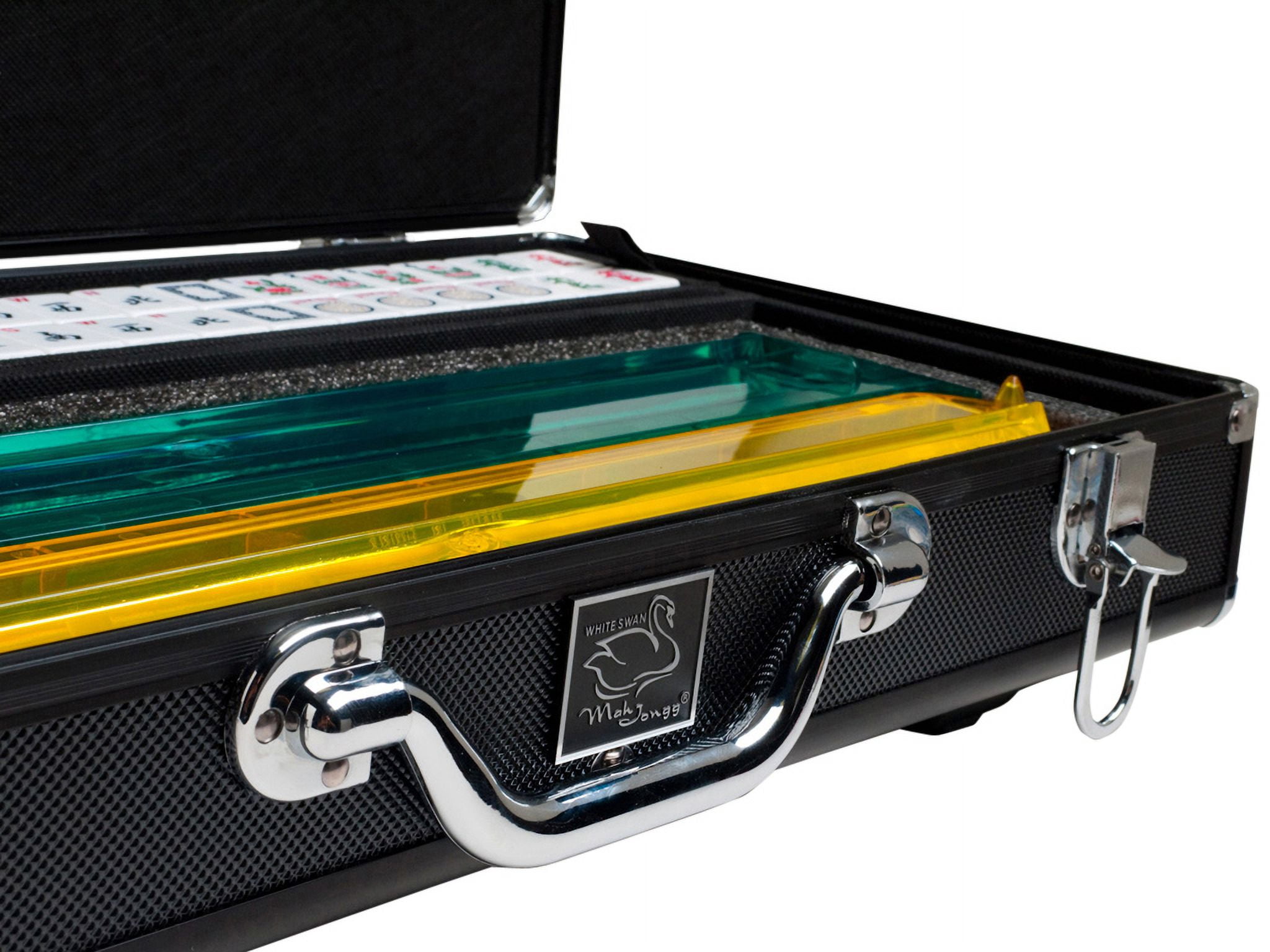 White Swan American Mahjong Set in Wheeled Black Case - White Tiles - Modern Pushers
