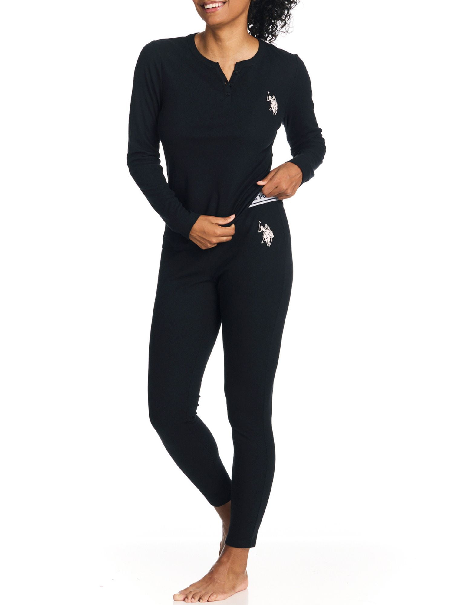 U.S. Polo Assn. Women's Ribbed Henley Long Underwear Thermal Set, 2-Piece Set, Sizes S-3X