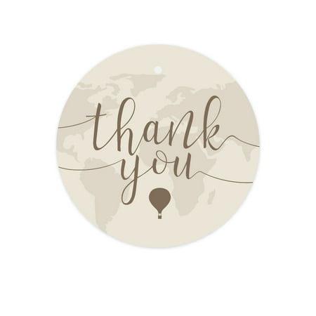 - Hot Air Balloon World Map, Vintage Tan Brown, Round Circle Gift Tags, Thank You!, 24-Pack