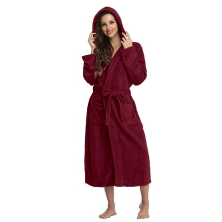 Tiqkatyck Winter Pajamas for Women  Women Hooded Fleece Bathrobe Lightweight Soft Plush Flannel Sleepwear Fleece Hooded Bathrobe Plush Long Robe Women s Lingerie  Sleep & Lounge Wine XL