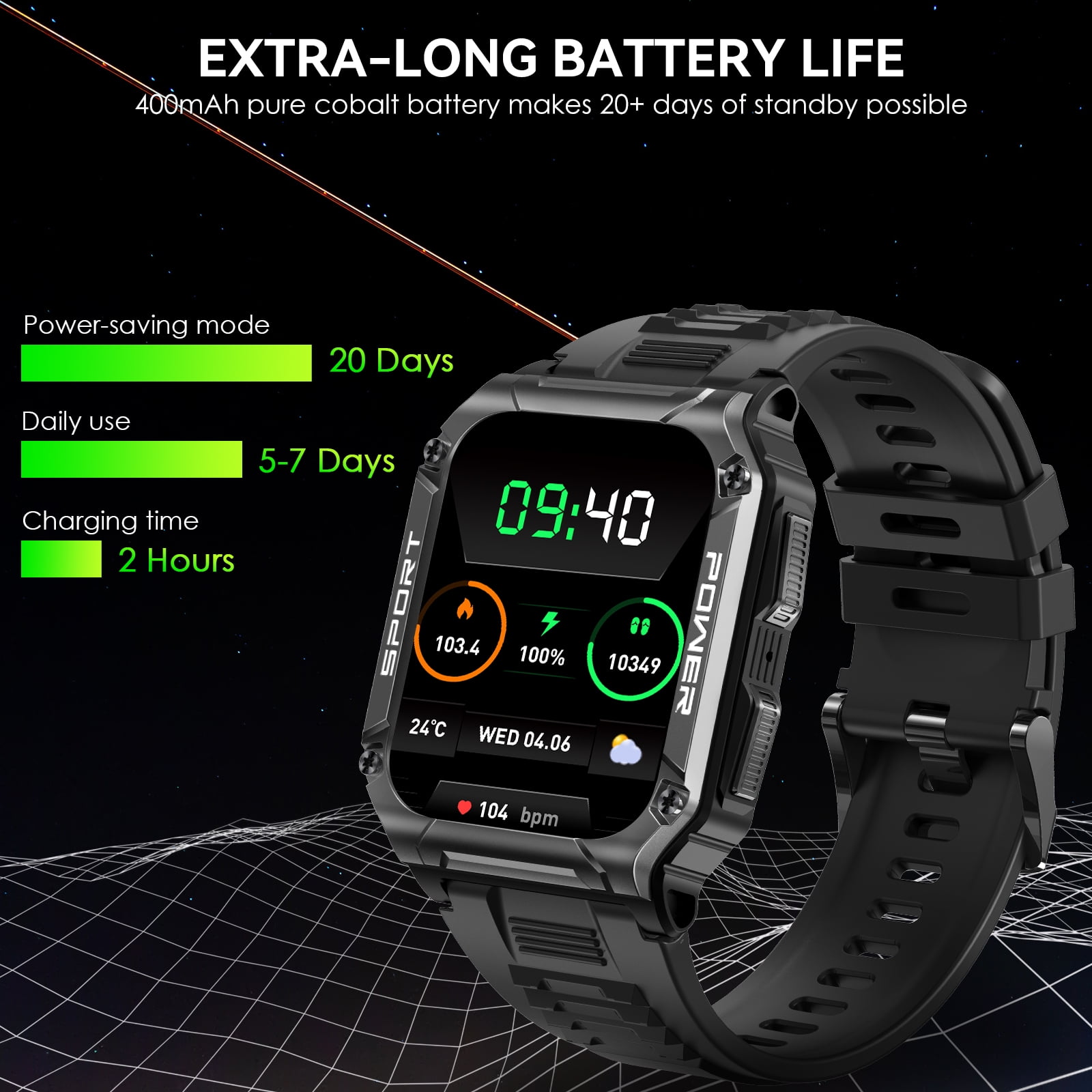 Jelloo Military Smart Watches for Men (Make/Answer Call), 1.95'' Large HD Outdoor Sport Fitness Tracker, Rugged Watch with Compass Smartwatch, for iPhone Android Samsung