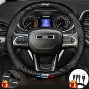 Steering Wheel Cover for Jeep, Nappa Premium Leather Carbon Fiber Texture Steering Wheel Cover, with 2 Coasters and USB Fast Charging Cable (Black)