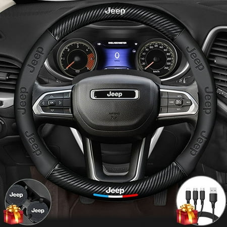 Steering Wheel Cover for Jeep, Nappa Premium Leather Carbon Fiber Texture Steering Wheel Cover, with 2 Coasters and USB Fast Charging Cable (Black)