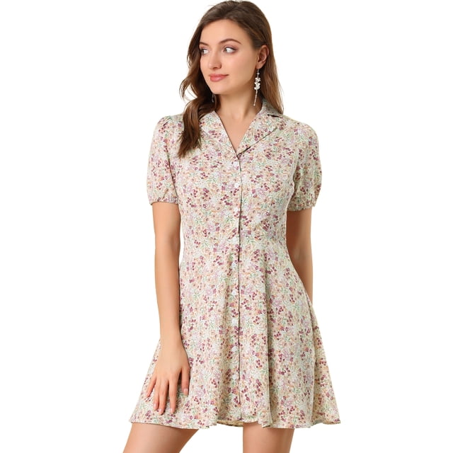 Vestido camisero floral vintage de gasa Allegra K con botones y manga corta Rosa S