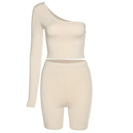 

Women Sexy Outfits One Shoulder Long Sleeve Crop Top High Waist Shorts Tracksuit