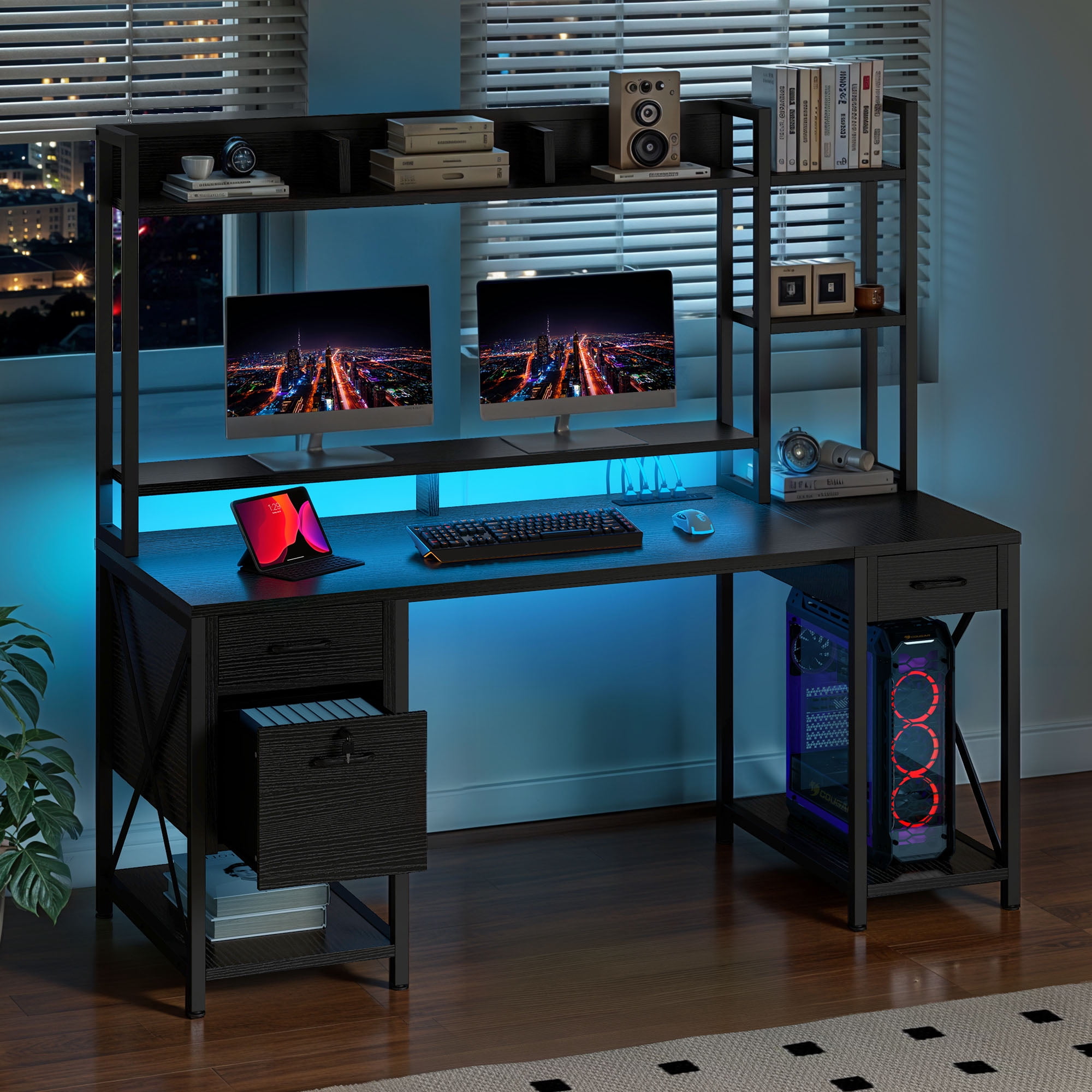 Uforic 59.1"Computer Desk with Power Outlets & Hutch, Office Desk with Storage Shelves & Drawers, Black