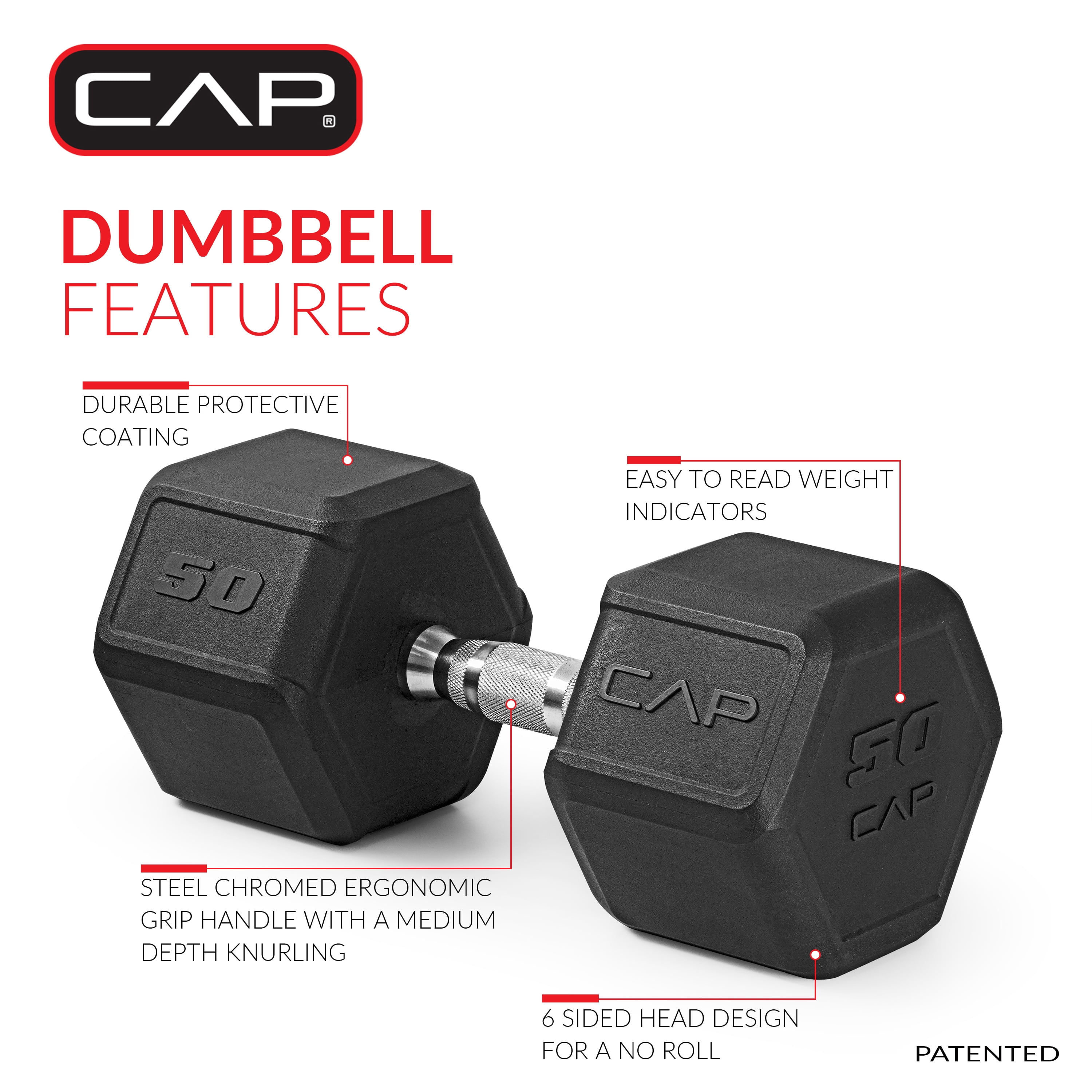 CAP 50 lb Rubber Coated Hex Dumbbell with Contoured Handle