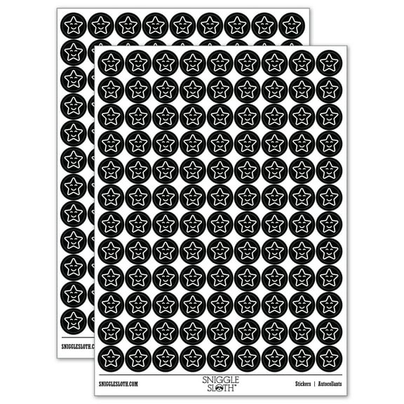 Star Happy Face Emoticon 200 Round Stickers - Black - Gloss Finish - 0.50" Size