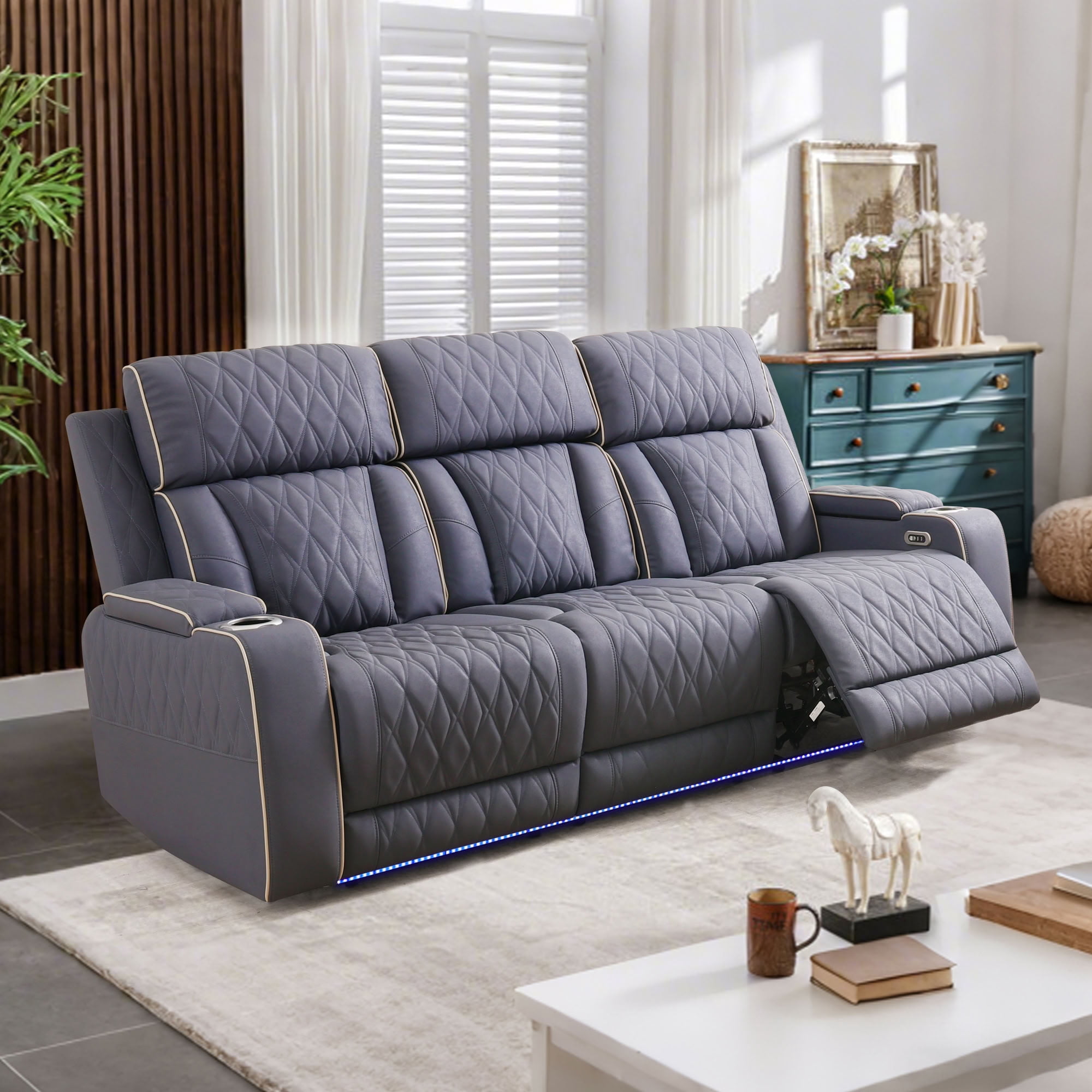 MAYEERTY 3-Seater Recliner Sofa, Sanded Leather Reclining Sofa with LED Lights, USB Charger, Cup Holders & Storage, for Living Room, Home Theater