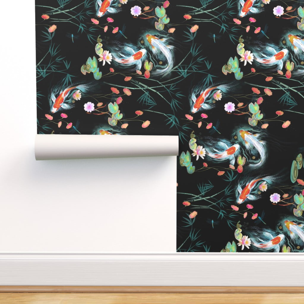 Peel & Stick Wallpaper 12ft x 2ft - Japanese Water Garden Black Koi