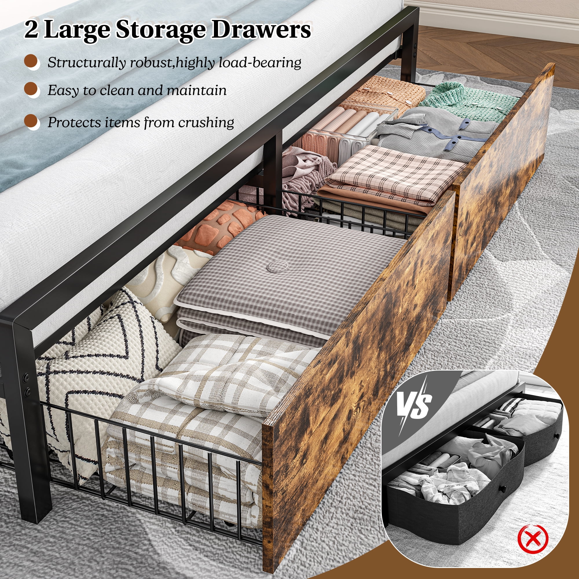 EnHomee Metal Bed Frame with 3-Tier Storage Headboard Queen Size Metal Bed Frame with 2 Underbed Drawers & 2 Bedside Fabric Drawers & LED Lights & Charge Station,Rustic Brown