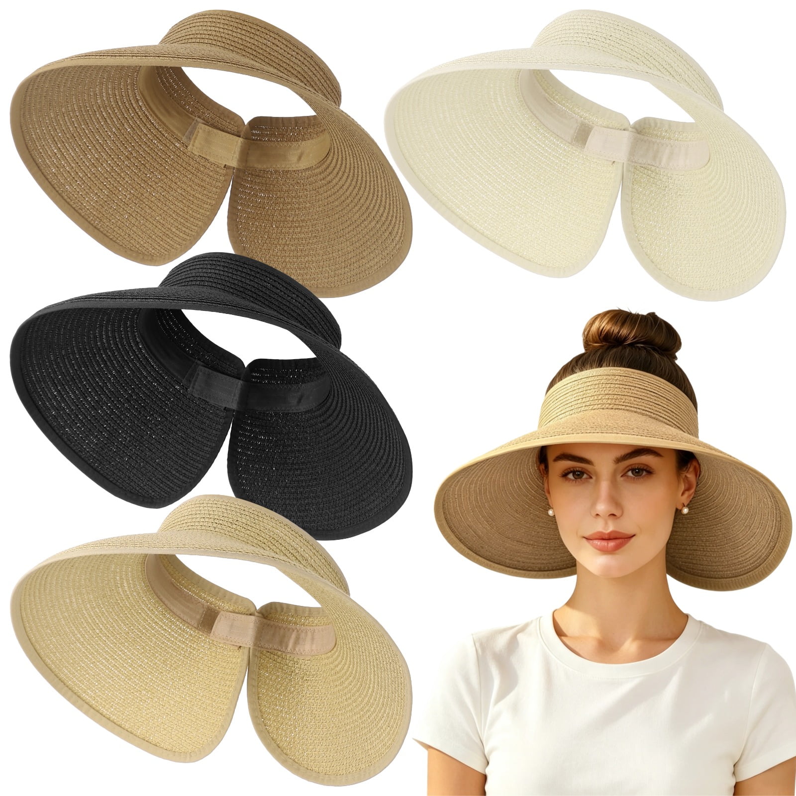 4 Pcs Paper Straw Folding Sun Visor Hats for Women Adjustable Wide Brim Ponytail Summer Beach Hat with Sun Protection