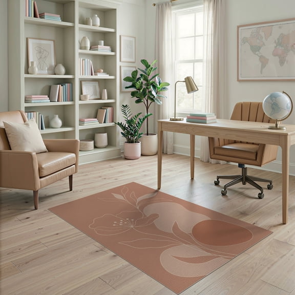 ODIKA 4'x6' Warm Terracotta Elegance with Minimalist Washable Area Rug Contemporary Floral Artistry, Subtle Line Drawing for Bedroom, Reading Nook, Pet Friendly & Non-Shedding
