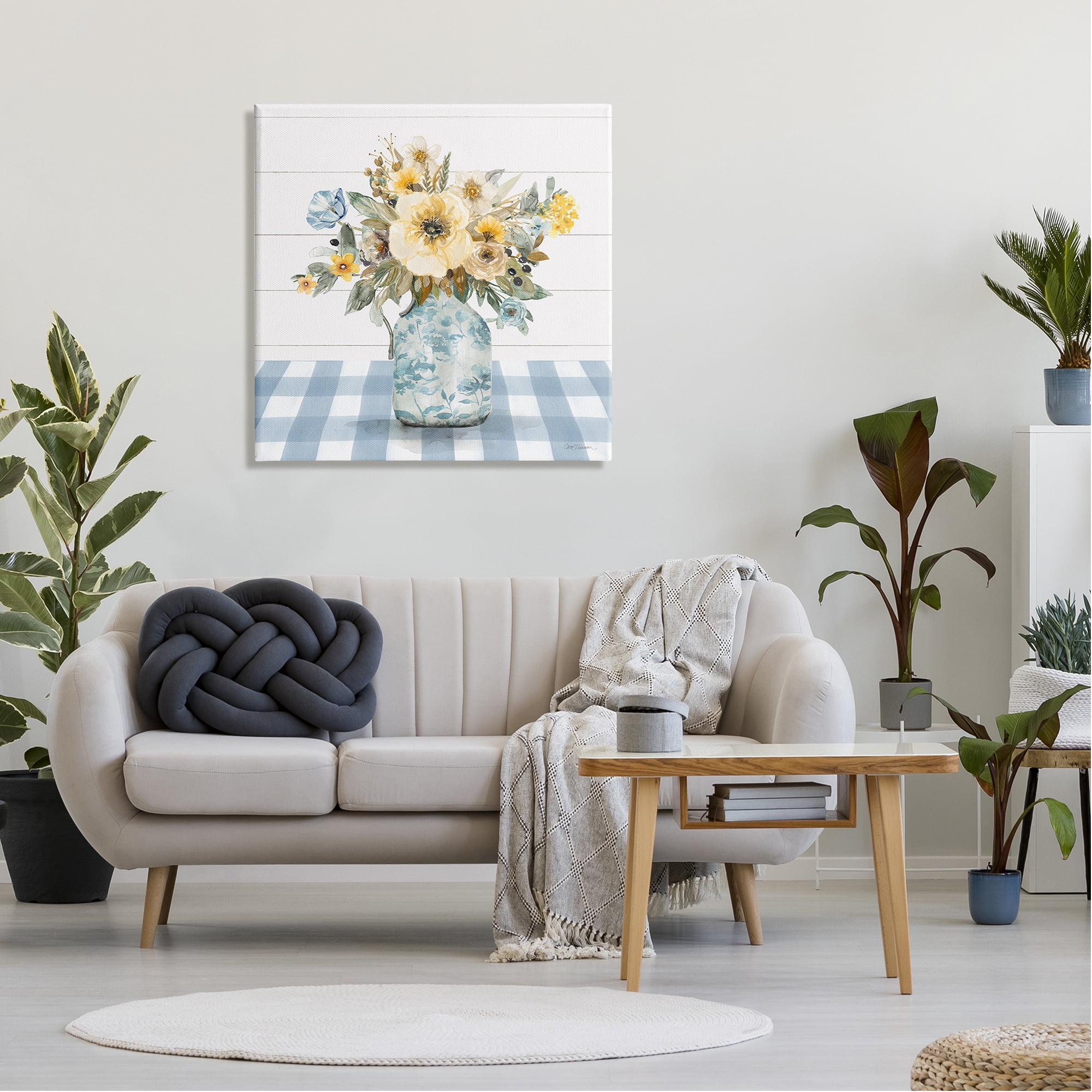 Stupell Industries Bouquet with Blue Plaid Botanical & Floral Painting Gallery Wrapped Canvas Art Print Wall Art, 30 x 30