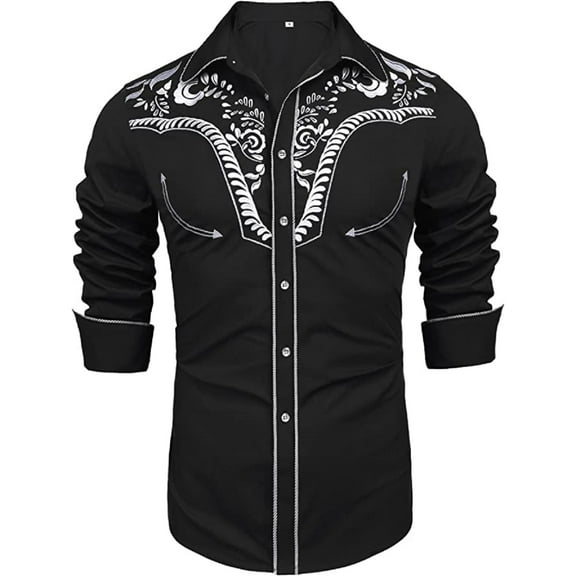 Daupanzees Slim Fit Shirts for Men Button Down Long Sleeve Embroidery Shirts Men's Western Cowboy Shirt Cotton Floral Embroidered Snap