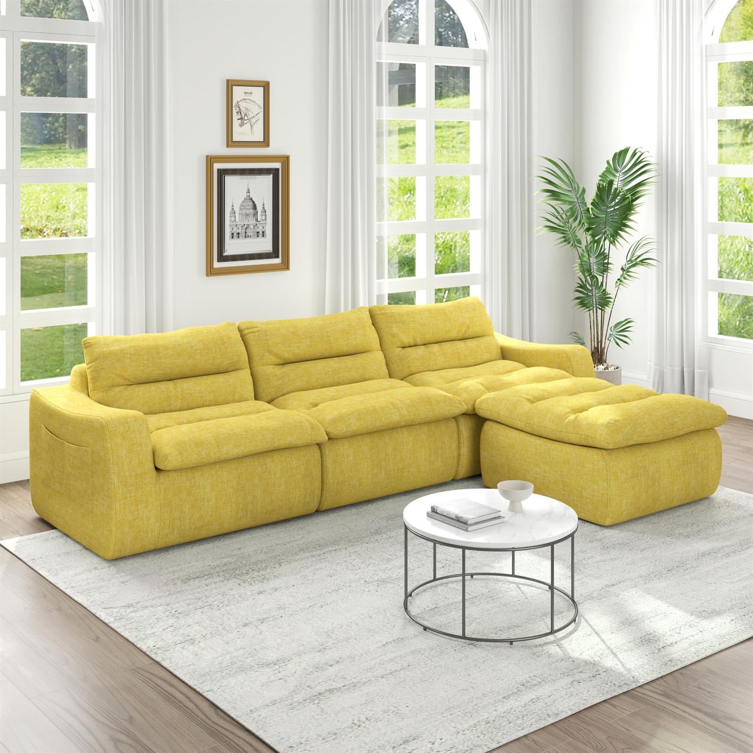 Demi Bonn 116" Modern L-Shaped Modular Sofa, Comfortable Beanbag Style, Stylish Lazy Couch for Living Rooms and Relaxation, Yellow