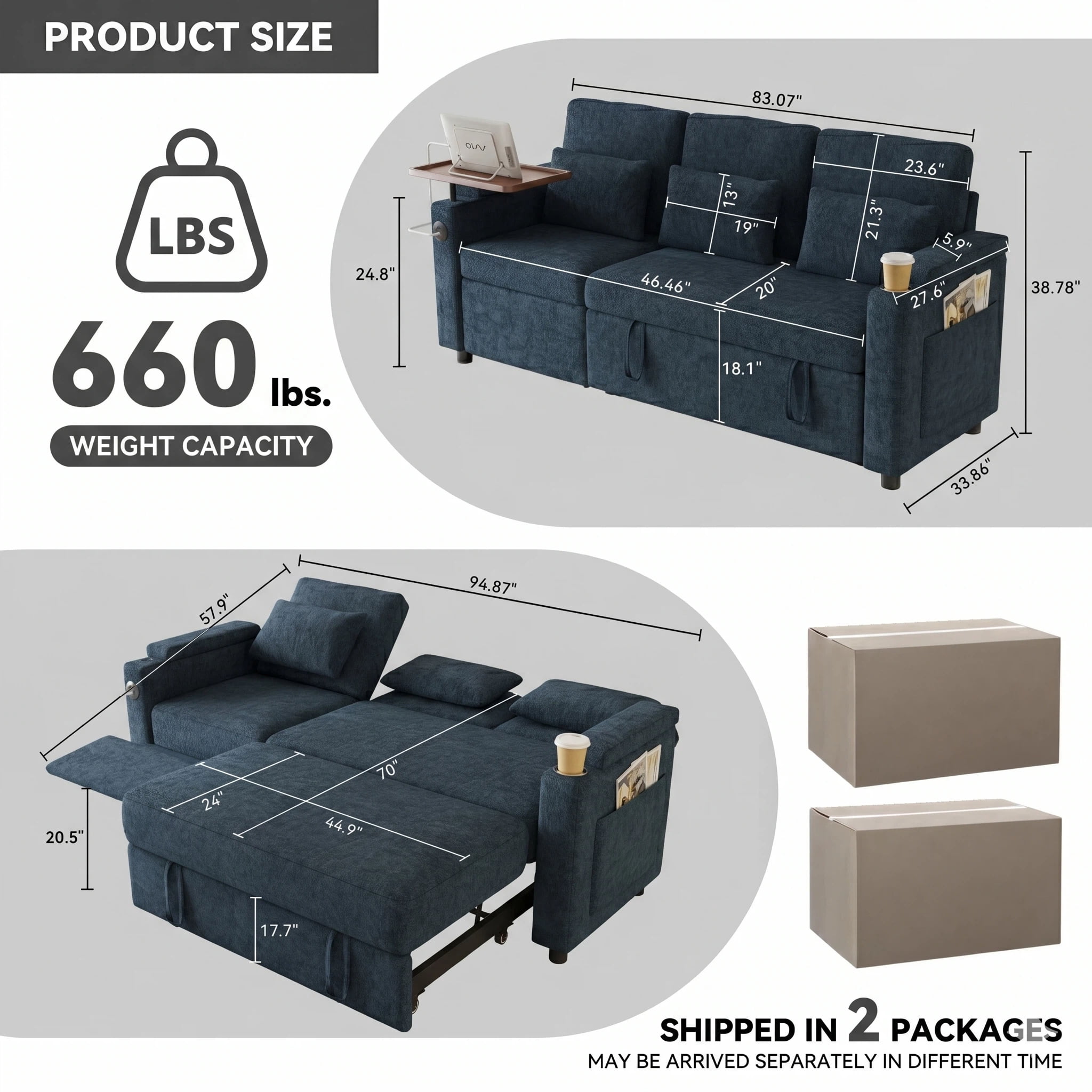 AISWORD 83" 3-in-1 Convertible Pull Out Sofa Bed, 6 Position Adjustable Sleeper Couch with USB Ports, Laptop Table, Cup Holders & Side Storage Pockets, Blue