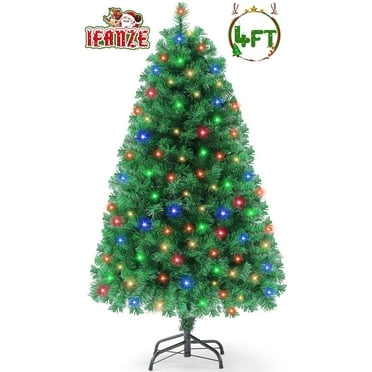 Posrue Pre-Lit Christmas Tree, 4ft Artificial Green Xmas Tree with Multi-colored 150 LED Lights & Metal Stand, 360 Lifelike Branch Tips