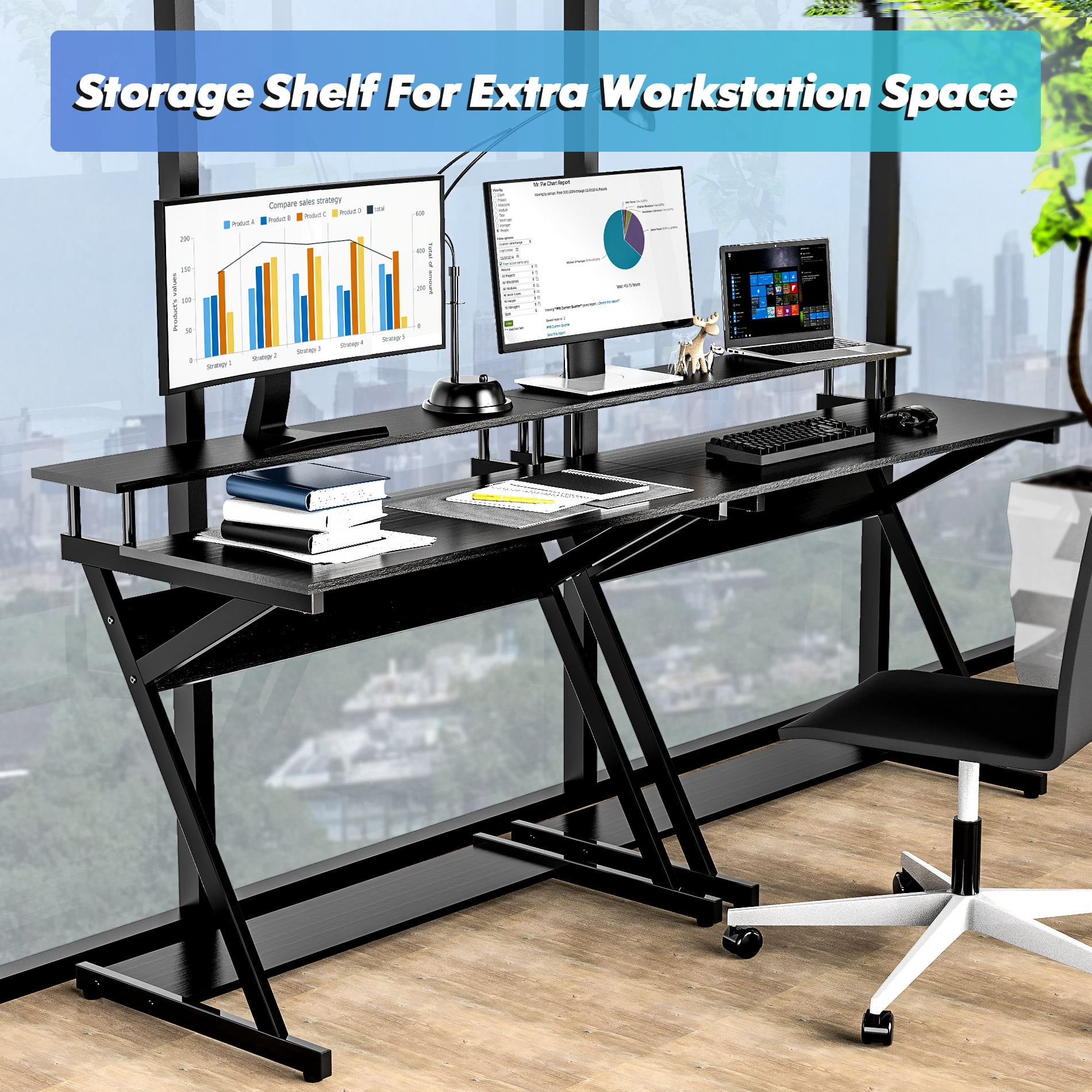 FITUEYES 39.4" Computer Desk with 2-Monitor Shelf & Office Storage Shelves, Black