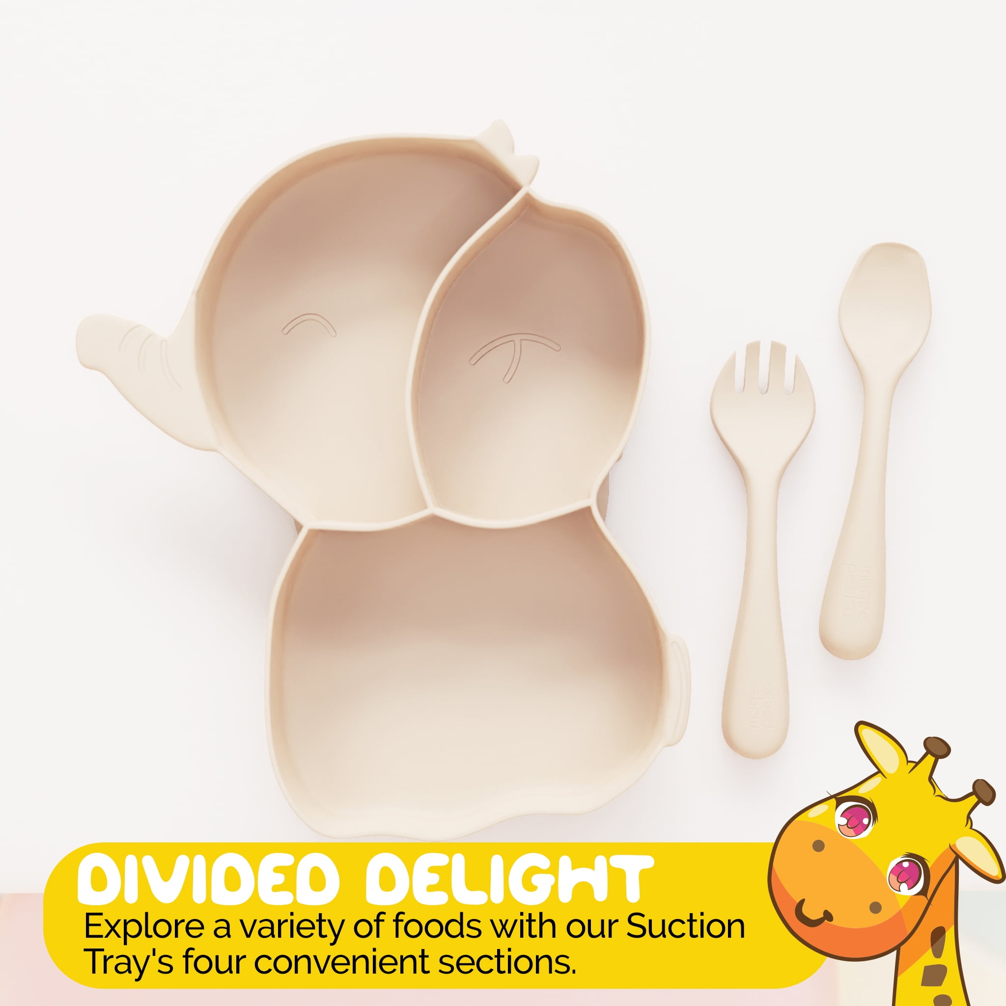 Toddler Dinnerware Set by Muqee Peeko in Beige Color with Suction Tray and Baby Utensils - (3 Piece Set)