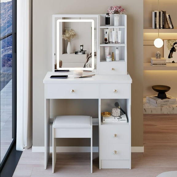 29.2" Small Size Left Drawer Desktop Vanity Table   Cushioned Stool, Touch Control, Tri-color Switching, Brightness Adjust LED Mirror, High Capacity Storage