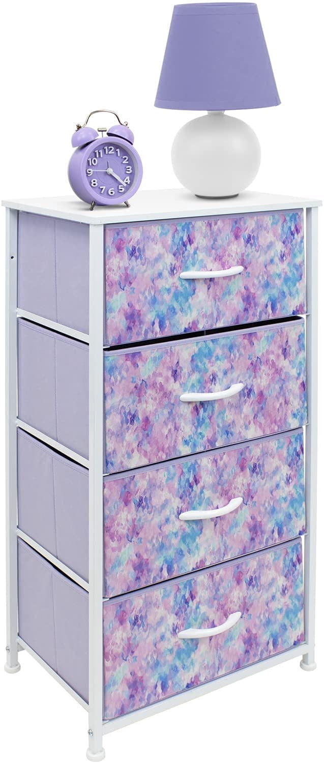 Sorbus Dresser Nightstand with 4 Drawers - Bedside Furniture & Accent End Table Chest for Home, Bedroom, Office, College Dorm, Steel Frame, Wood Top, Tie-dye Fabric Bins (4-Drawer, Blue/Pink/Purple)