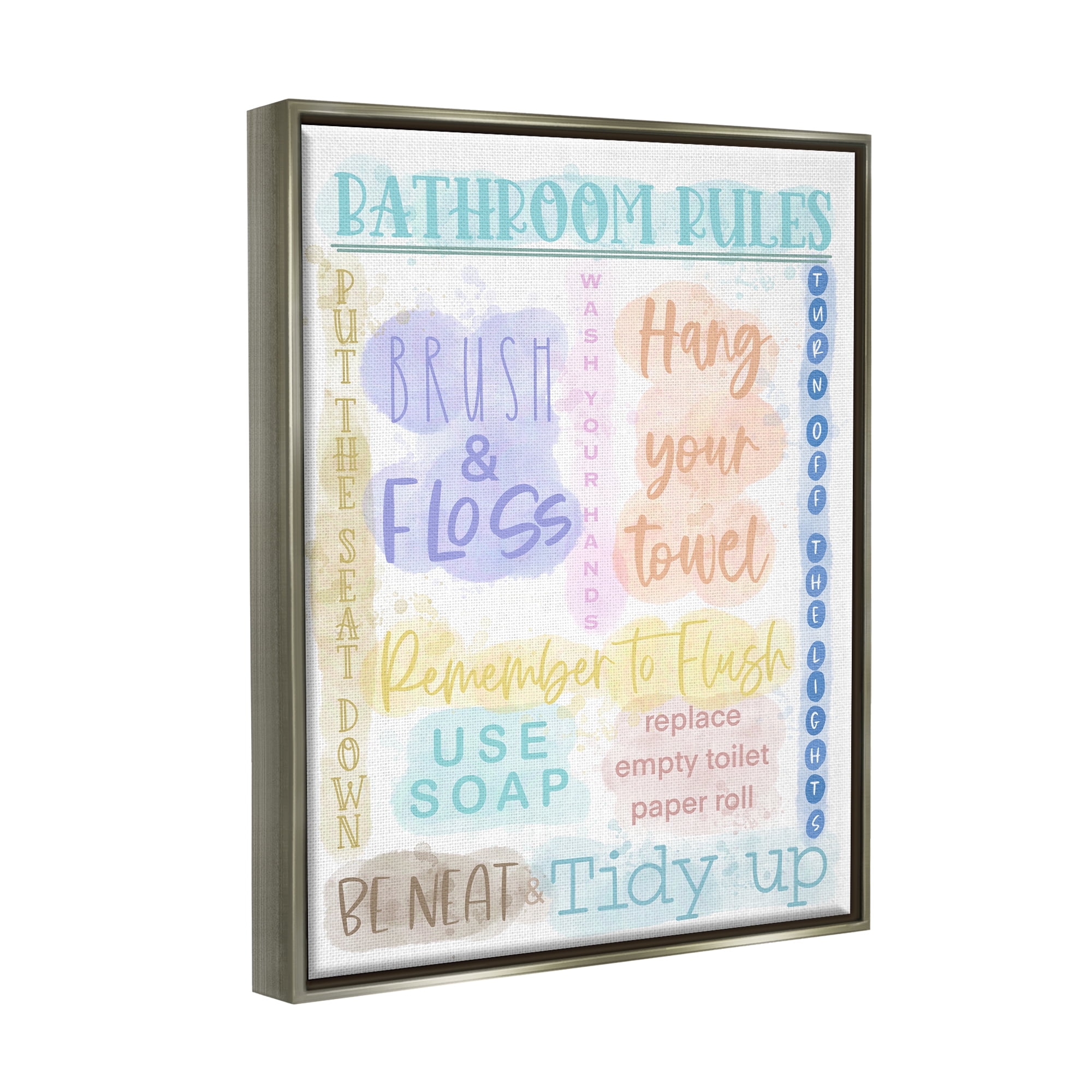 Stupell Industries Fun Bathroom Rules Typography Painting Gray Floater Framed Canvas Art Print Wall Art, 17 x 21