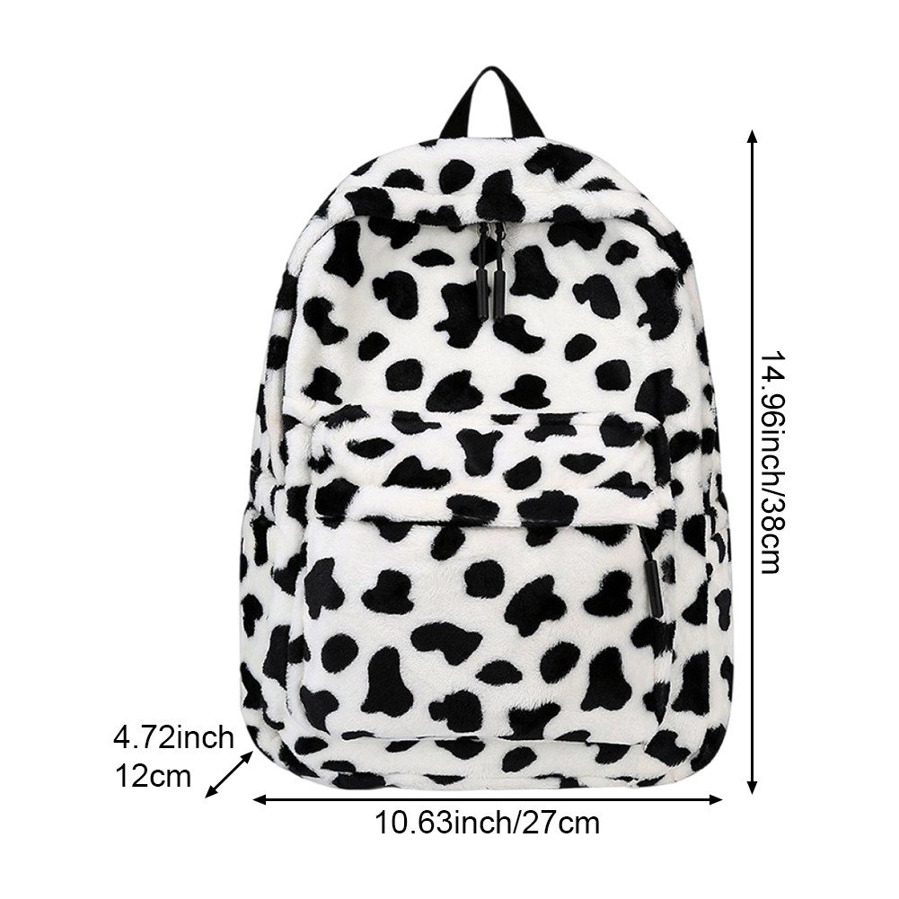 Jiibva Plush Animal Cow Print Backpack for Women Stylish Bag Personalized Travel Shoulder Bag Bookbag Trendy Daypack Purse