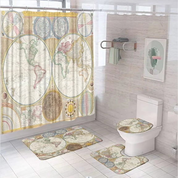 Vintage World Map Shower Curtains Set Nautical StarCompass Anchor Bathroom Screen Non-Slip Carpet Rug Toilet Cover Bath Mat