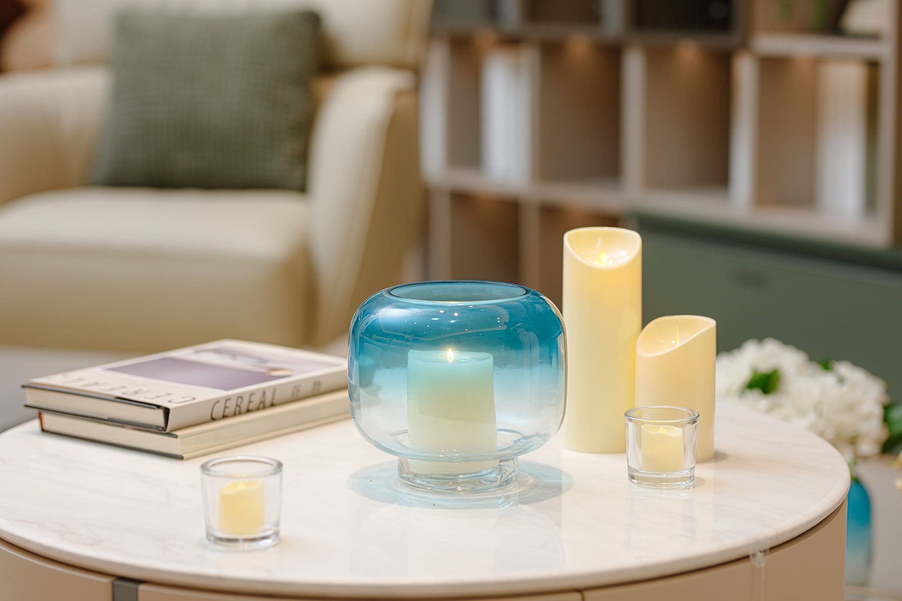 Mainstays 6.5" Blue Ombre Glass Hurricane Home Pillar Candle Holder Medium